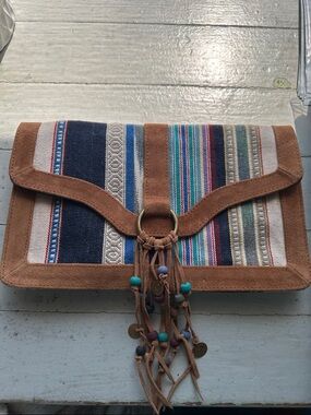 Shiraleah Multicolor Striped Suede-Trim Tassel Clutch